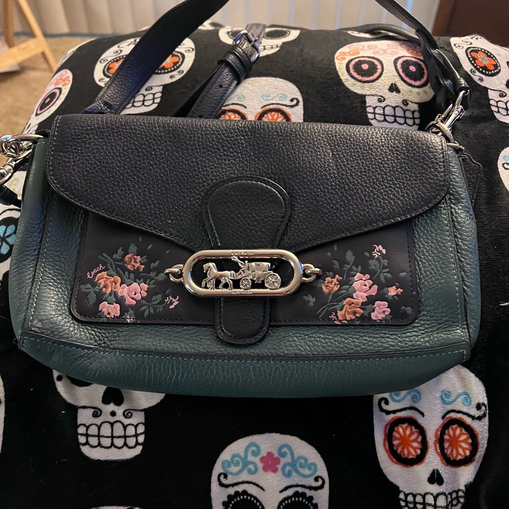 Coach Black and Green Shoulder Bag with Gothic Floral Design